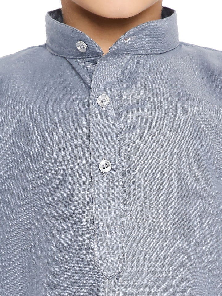Close-up of Kids Grey Kurta Set collar and button placket, crafted in soft cotton blend for breathable comfort and classic style.