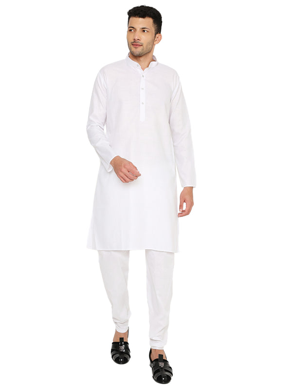 Magic Cotton Kurta - White | Comfort Fit, Versatile, Washable. Front view of men's solid white kurta set with mandarin collar and button placket.