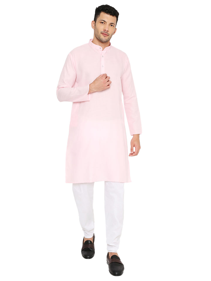 Magic Cotton Kurta - Light Pink shown front view with comfort fit and white pajama, ideal for traditional wear and easy maintenance.