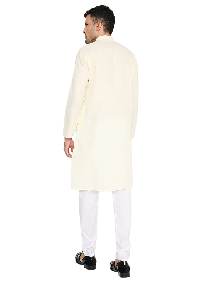 Back view of Magic Cotton Solid Kurta in lemon yellow from the Maharaja Kurta Pyjama Set, showcasing its clean tailoring and full-length design.