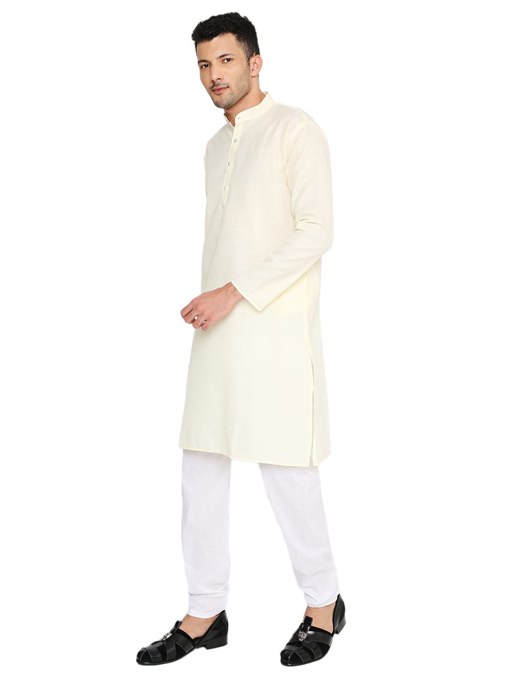 Side view of Magic Kurta Set - Maharaja Pyjama in lemon yellow, highlighting the kurta’s straight cut and comfortable fit for ceremonial occasions.