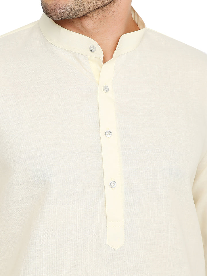 Close-up of the Magic Kurta Set’s mandarin collar and button placket, showcasing fine stitching and breathable cotton fabric in lemon yellow.