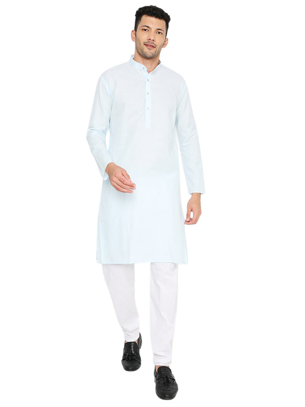 Magic Cotton Kurta - Light Blue Maharaja Kurta with comfortable fit, styled with white pajama for traditional or casual wear.