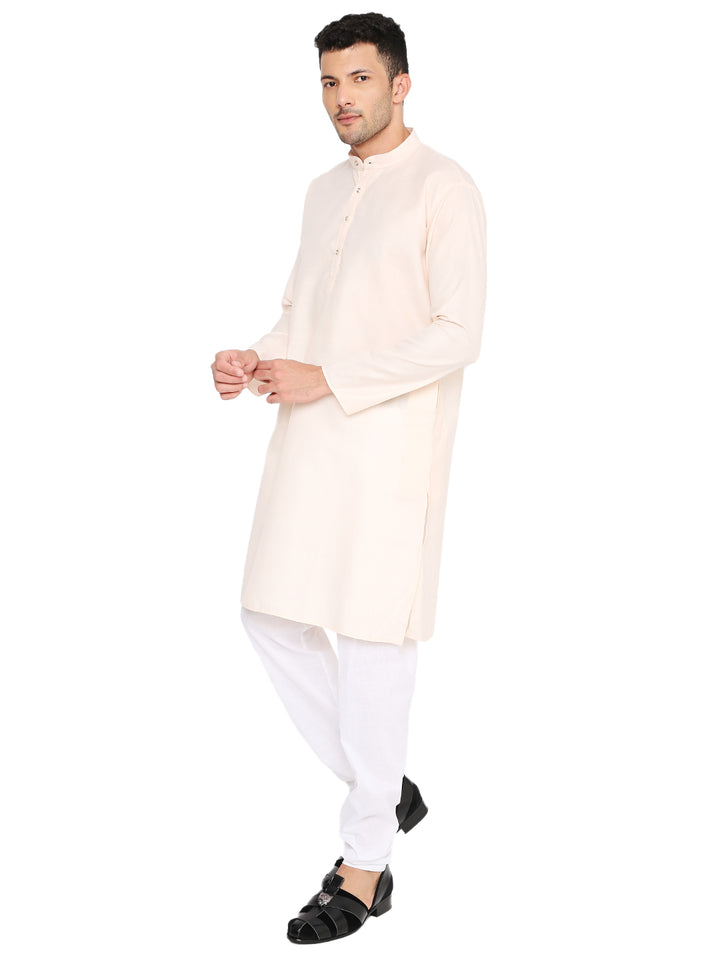 Side pose of Magic Cotton Peach Kurta highlighting its relaxed fit and breathable cotton texture, perfect for all-day comfort.
