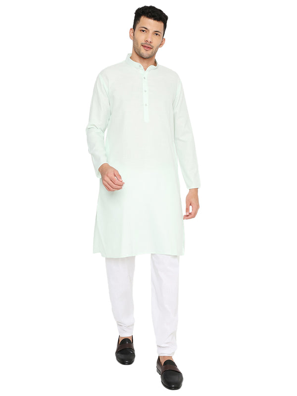 Magic Mint Green Kurta in cotton with a straight cut and mandarin collar, styled with white pajama for a traditional yet modern look.