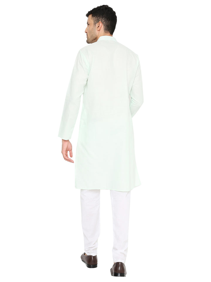Back view of Magic Mint Green Cotton Kurta showcasing its clean finish and longline silhouette, ideal for festive and casual wear.