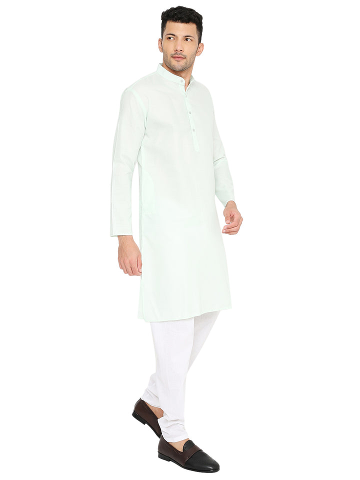 Magic Mint Green Kurta with buttoned placket and full sleeves, paired with white bottoms for a refined traditional outfit.