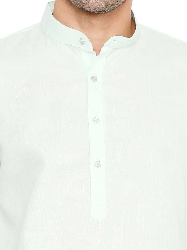 Close-up of Magic Mint Green Cotton Kurta's mandarin collar and button placket, emphasizing its minimal and elegant design.