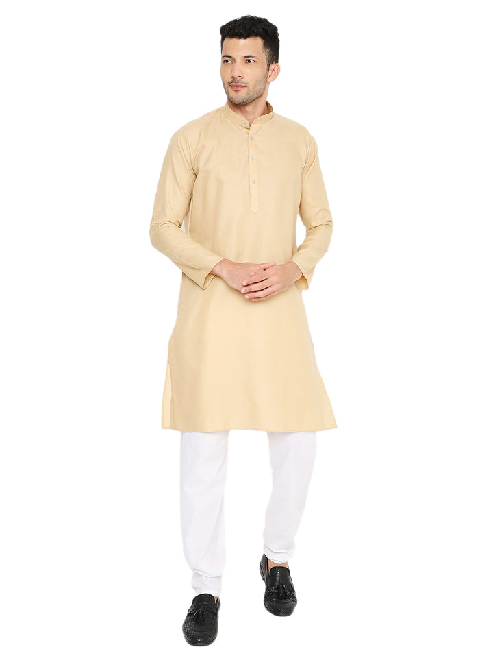 Magic Cotton Khaki Kurta Maharaja Fit with white pajama, front view showcasing traditional collar and button placket, ideal for cultural wear.