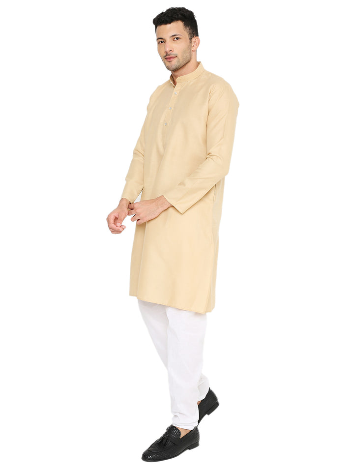 Side angle of Magic Cotton Khaki Kurta Maharaja Fit paired with white pajama, displaying its relaxed fit and elegant silhouette.