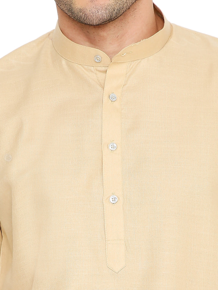 Close-up of Magic Cotton Khaki Kurta Maharaja Fit collar and button placket, emphasizing fine stitching and breathable cotton fabric.