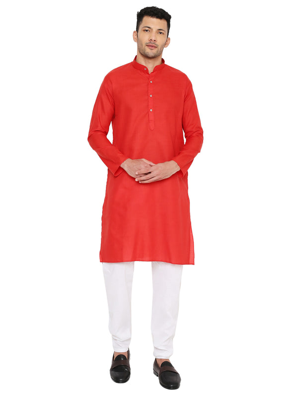 Magic Cotton Red Kurta - Comfortable Shirt with adjustable fit, featuring a mandarin collar and button placket, ideal for traditional events.