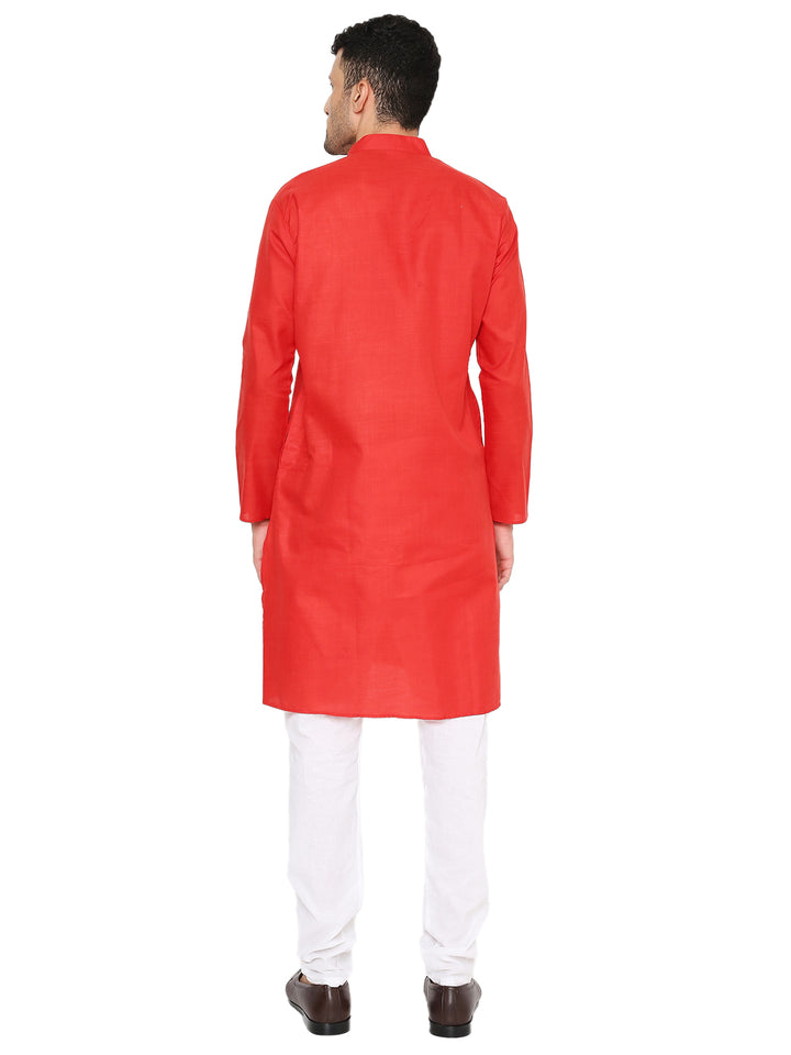 Back view of Magic Cotton Red Kurta showcasing its solid design and long length, perfect for ceremonial and festive wear.