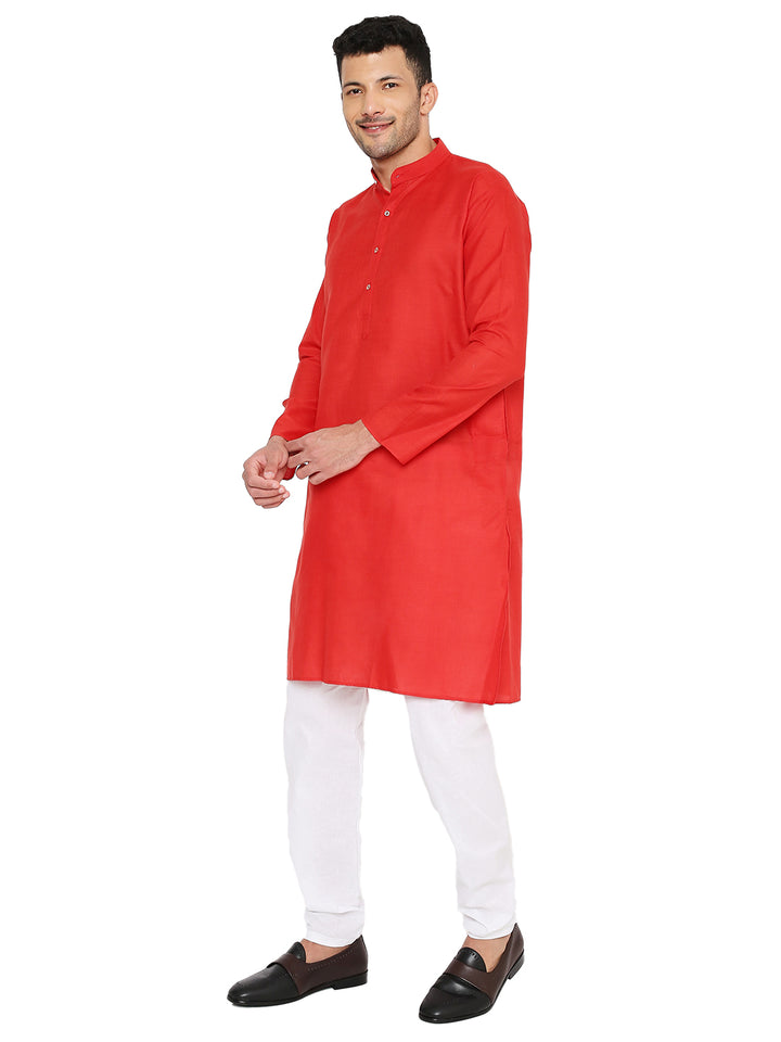 Side profile of Magic Cotton Red Kurta highlighting its breathable fabric and relaxed fit, suitable for all-day comfort.