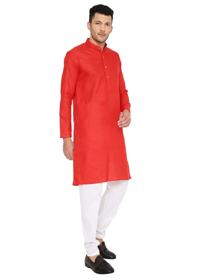 Angled front view of Magic Cotton Red Kurta with white pajama, emphasizing its elegant cut and traditional appeal.