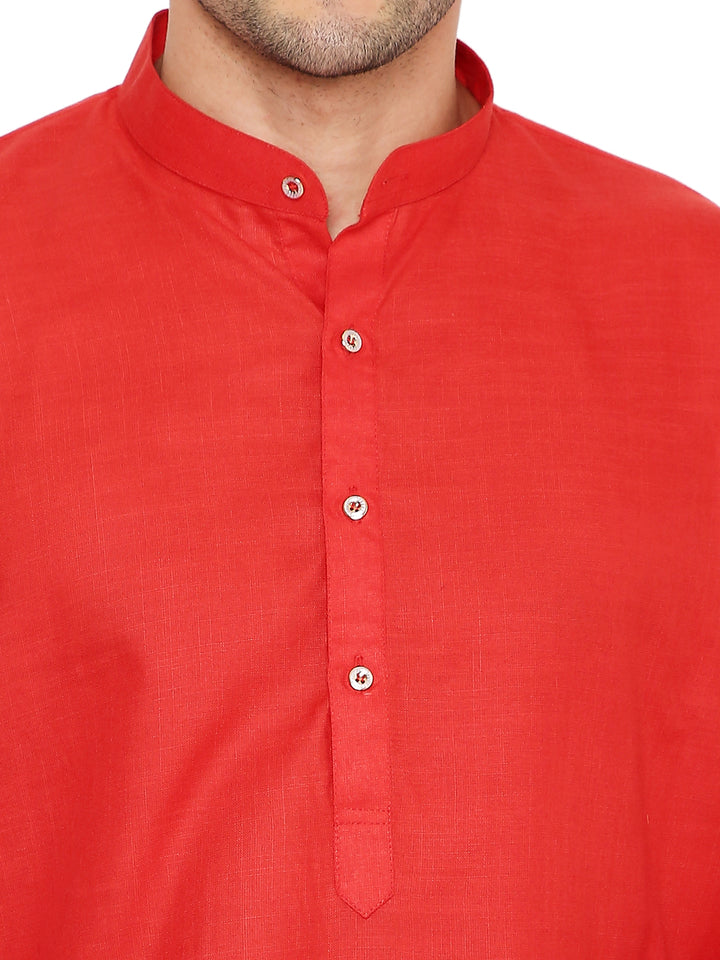 Close-up of Magic Cotton Red Kurta's button placket and mandarin collar, showing fine stitching and premium cotton texture.