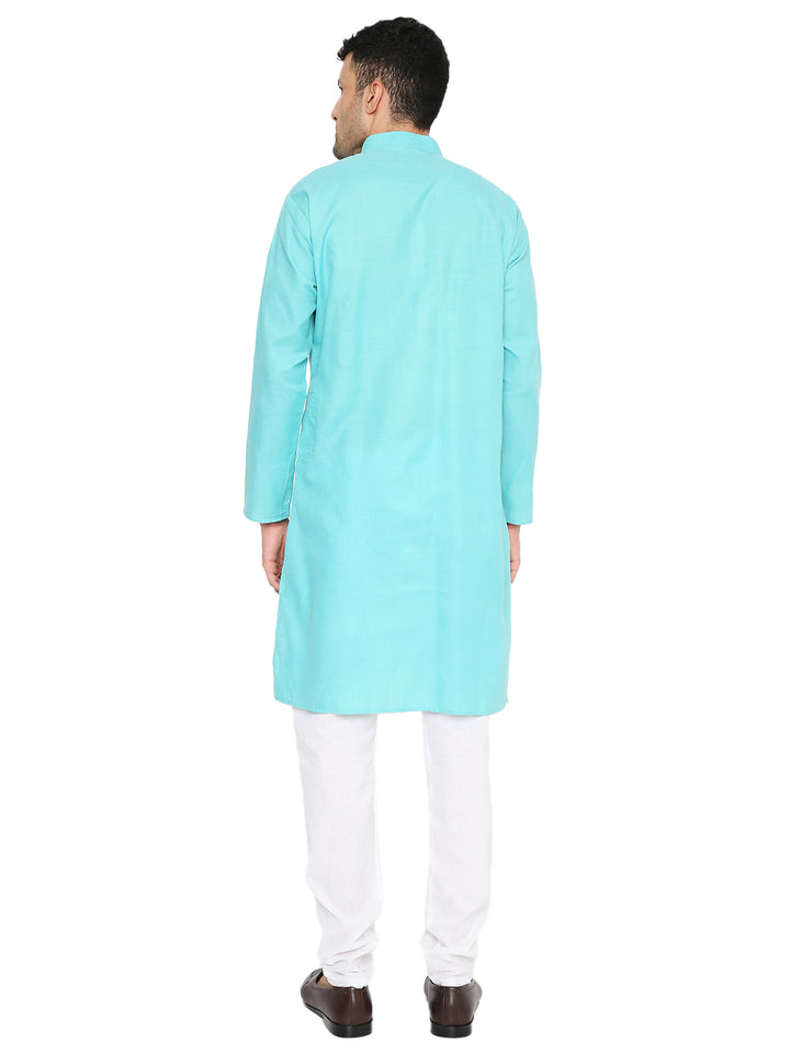 Back view of turquoise cotton kurta with long sleeves and straight hem, showcasing comfort fit and traditional Indian style.