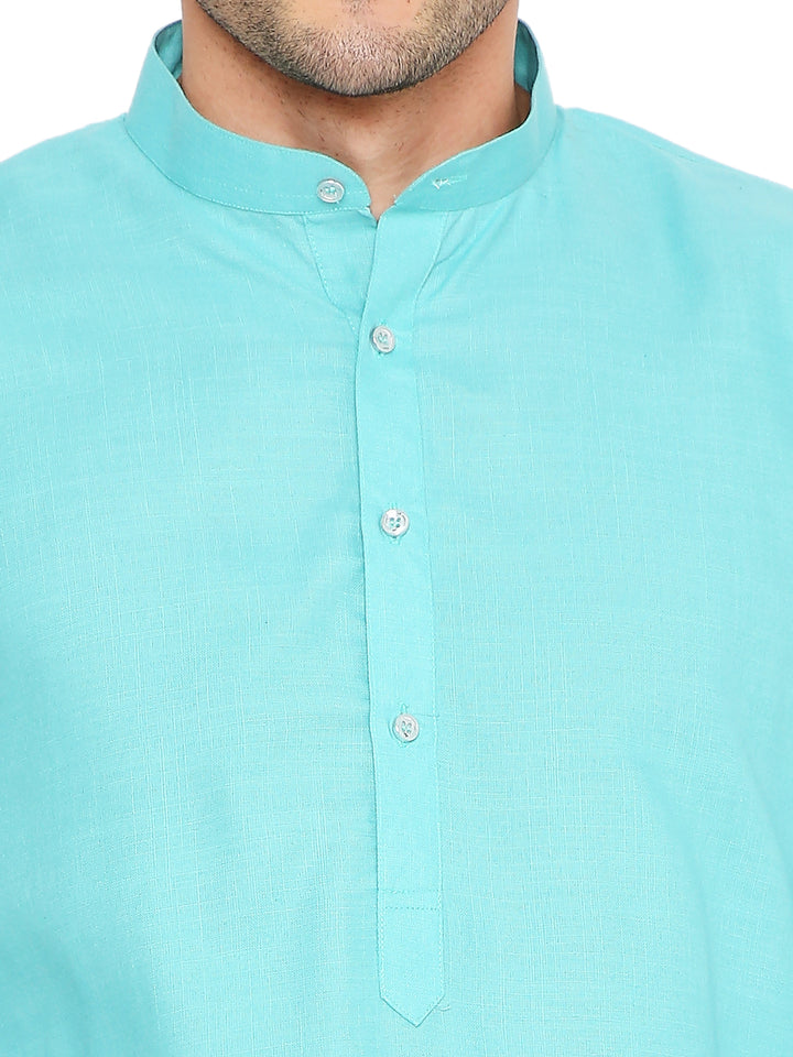 Close-up of turquoise cotton kurta's button placket and mandarin collar, emphasizing fine stitching and breathable fabric.
