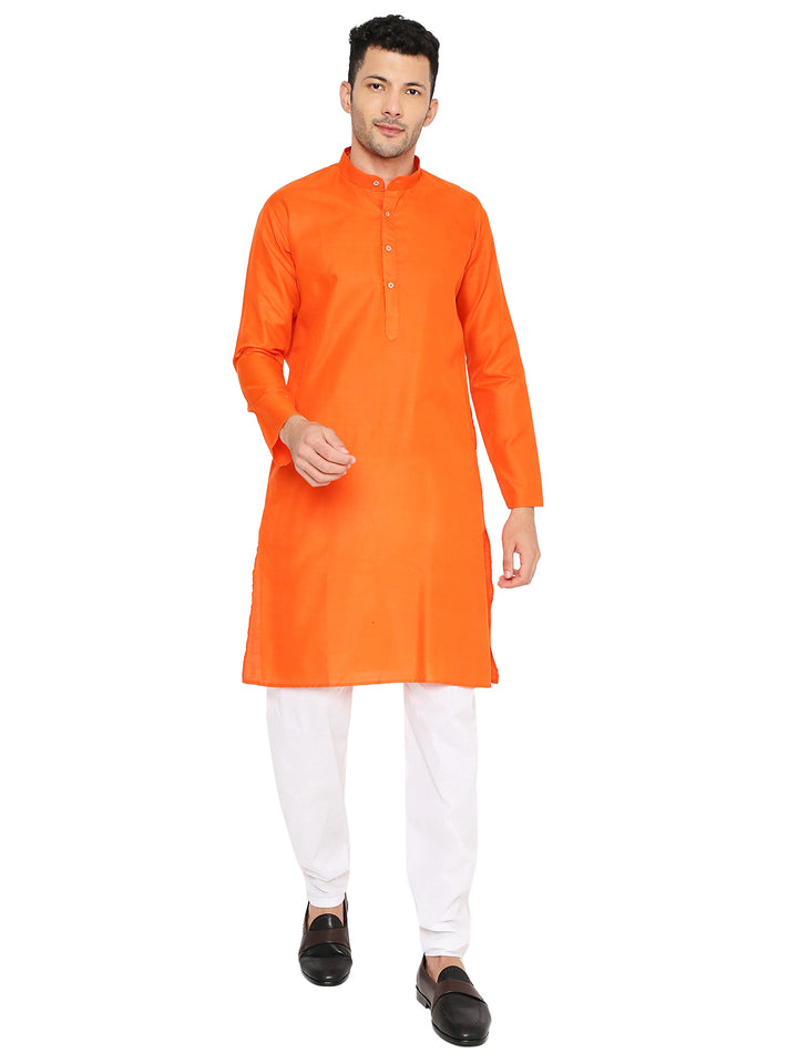 Magic Cotton Kurta in vibrant orange with mandarin collar and button placket, styled with white pajama for traditional wear.