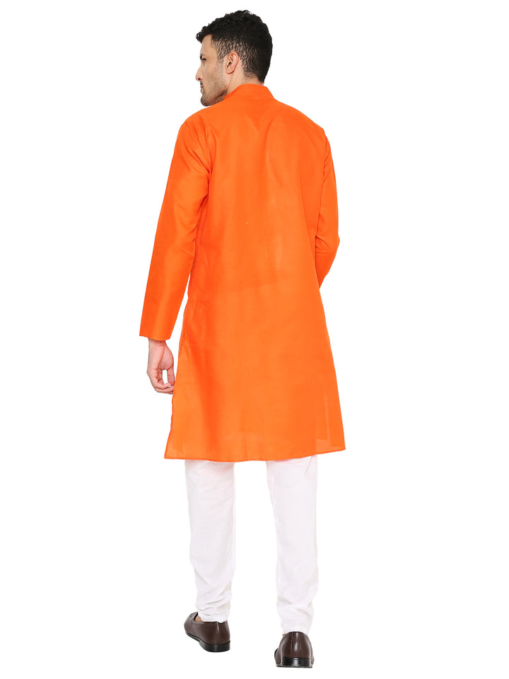 Back view of Magic Cotton Kurta in orange showcasing straight hem and long sleeves, ideal for cultural and festive occasions.