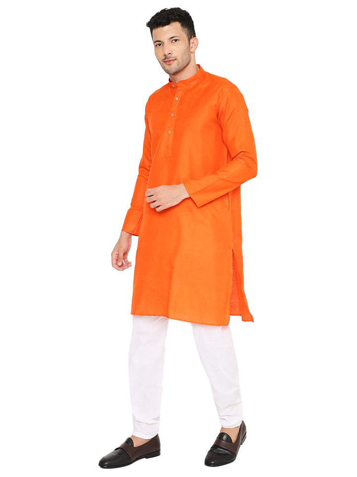 Side angle of Magic Cotton Kurta - Orange Waistband, featuring side slits and comfortable fit for casual and ceremonial wear.