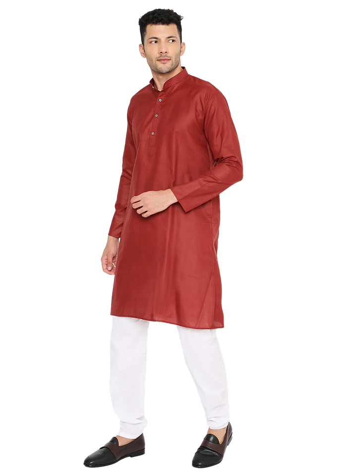 Side angle of Maroon Maharaja Kurta highlighting its elegant silhouette and versatile styling for ceremonial wear.