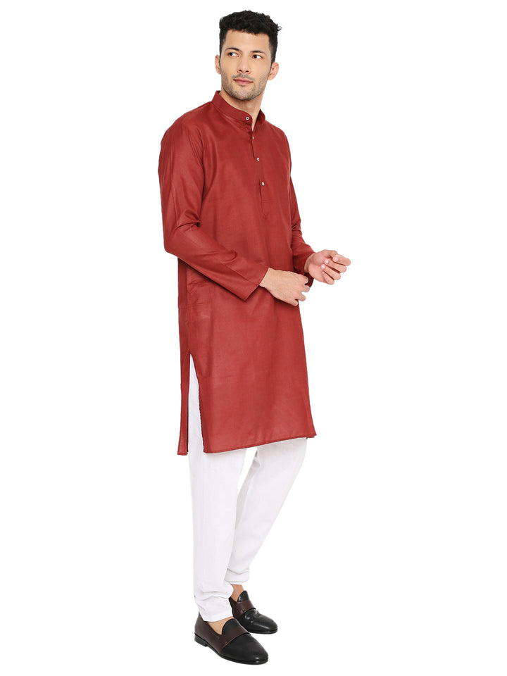 Angled view of Magic Cotton Solid Kurta in Maroon, emphasizing its relaxed fit and traditional charm for festive events.