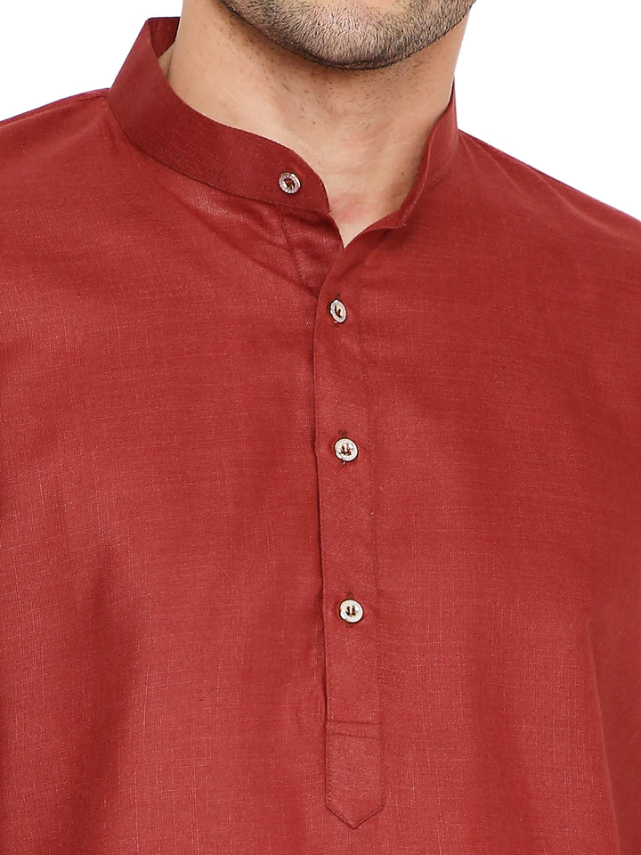 Close-up of the collar and button placket of the Maroon Maharaja Kurta, showing fine stitching and premium cotton texture.