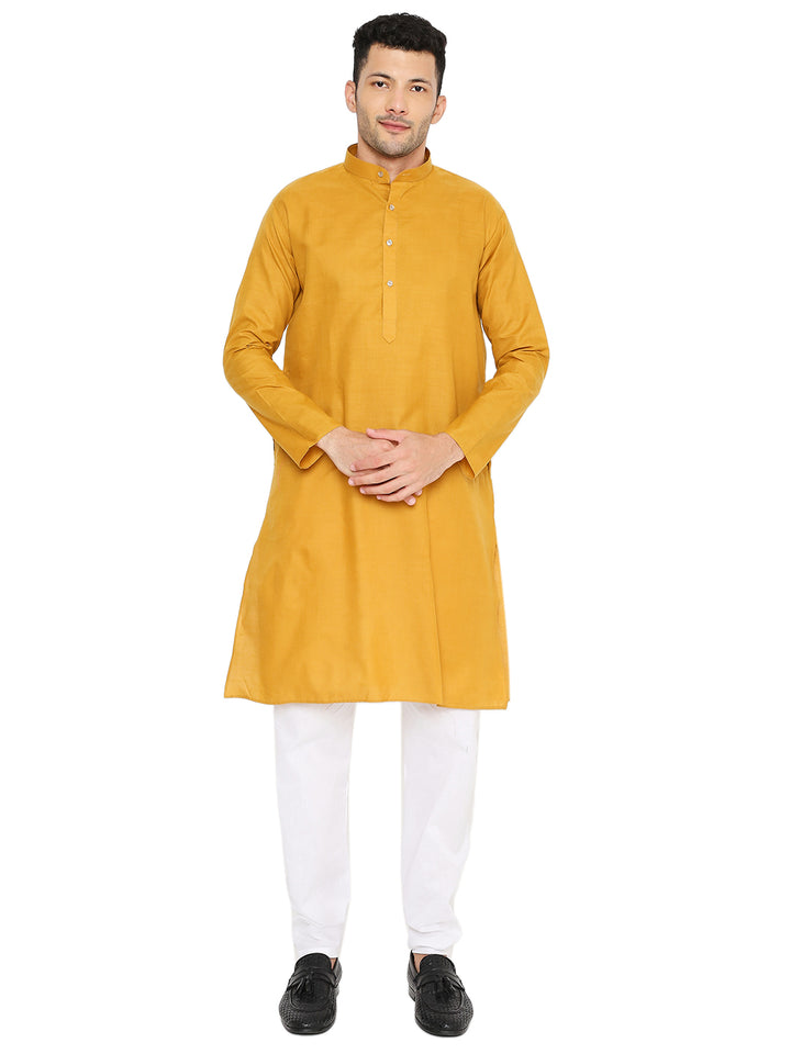 Magic Cotton Ocher Kurta - Comfort Fit Men shown front view with white pajama, ideal for traditional and festive wear.