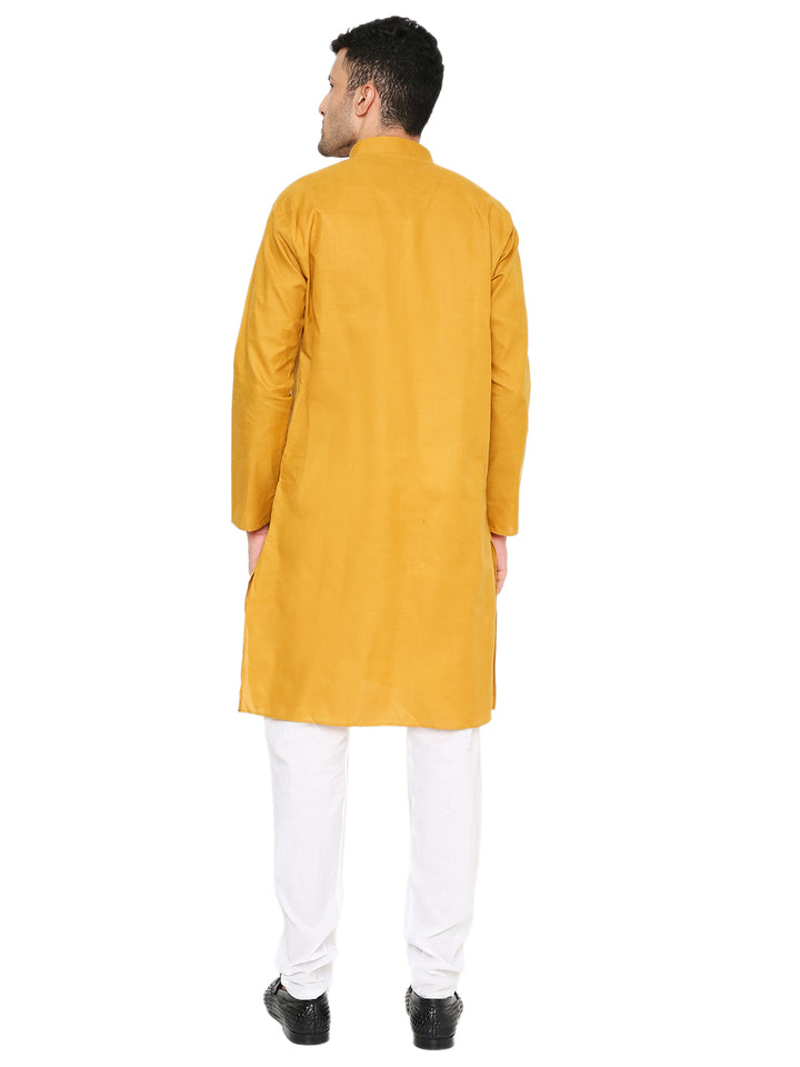 Back view of Magic Cotton Ocher Kurta for men, showcasing its straight-cut design and breathable cotton fabric.