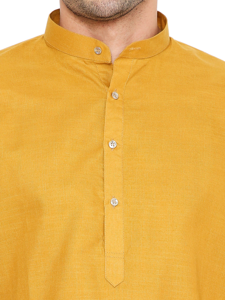 Close-up of Magic Cotton Ocher Kurta's mandarin collar and button placket, crafted for comfort and easy wear.