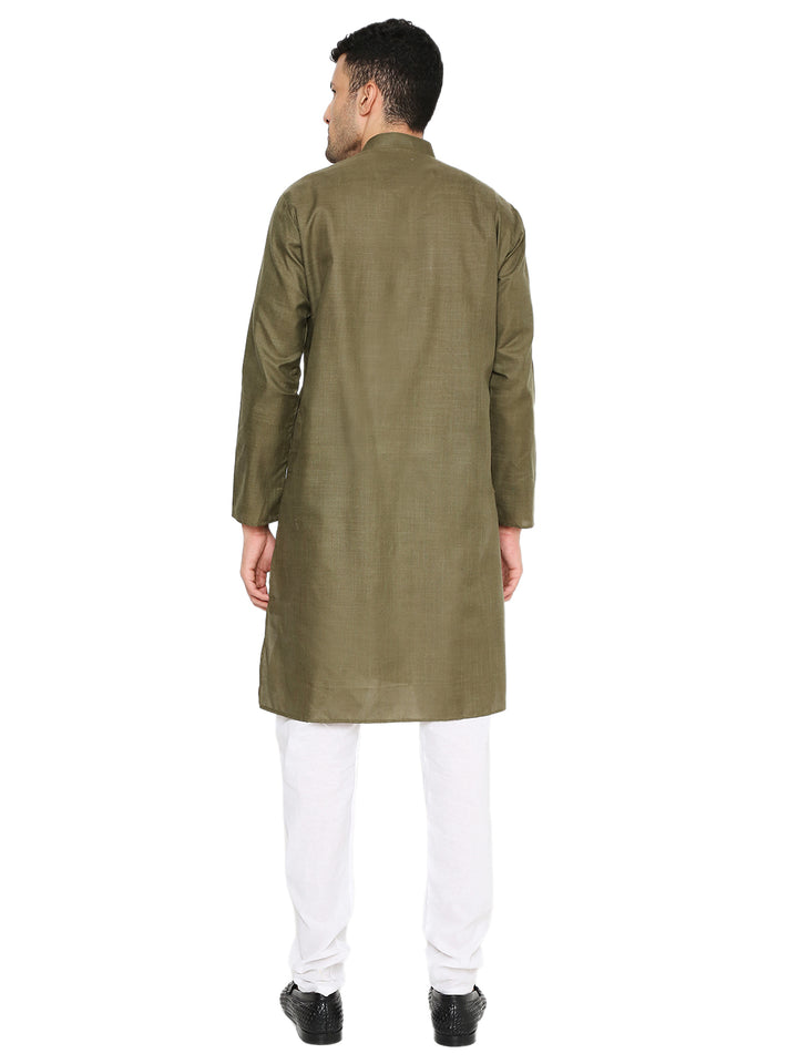 Back view of Military Green Kurta - Magic Set showing long sleeves and straight hem, ideal for festive and casual occasions.