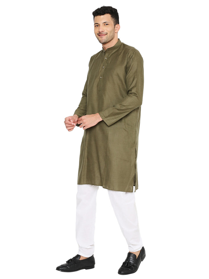 Side view of Military Green Kurta - Magic Set styled with white pajama, showcasing comfort and versatility for men’s ethnic fashion.