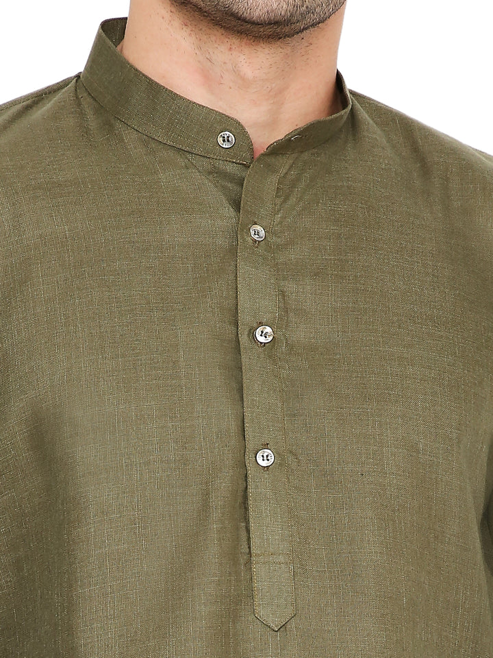 Close-up of Military Green Kurta - Magic Set showing button placket and mandarin collar, crafted for a refined ethnic look.