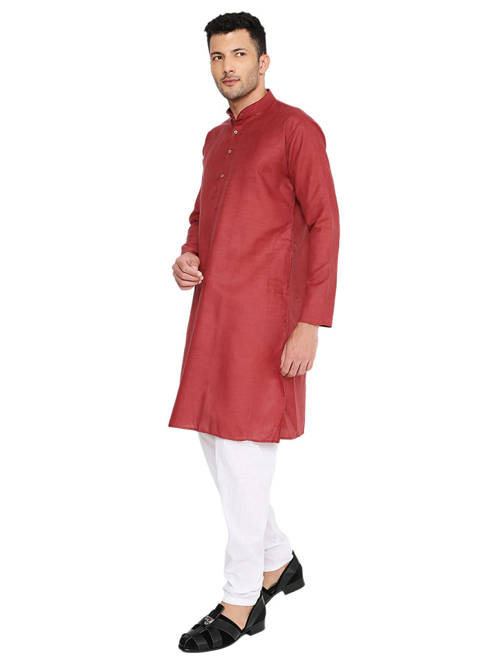 Side view of Magic Cotton Kurta-Men's Marsala Kurta paired with white pajama, highlighting its tailored fit and breathable cotton fabric.