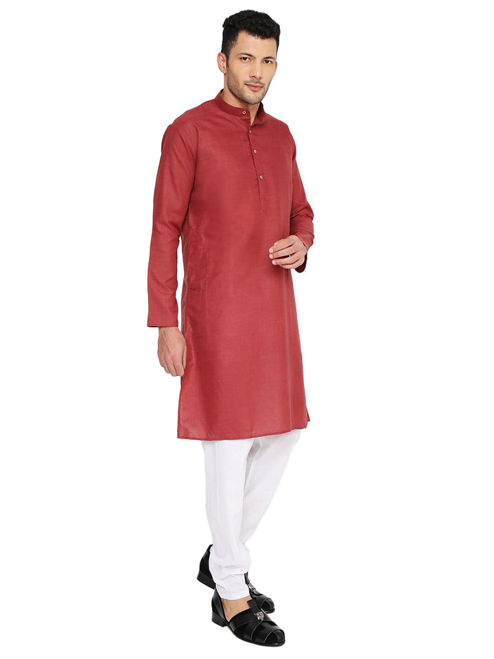 Angled front view of Magic Cotton Kurta-Men's Marsala Kurta with button placket and relaxed fit, perfect for gifting and events.