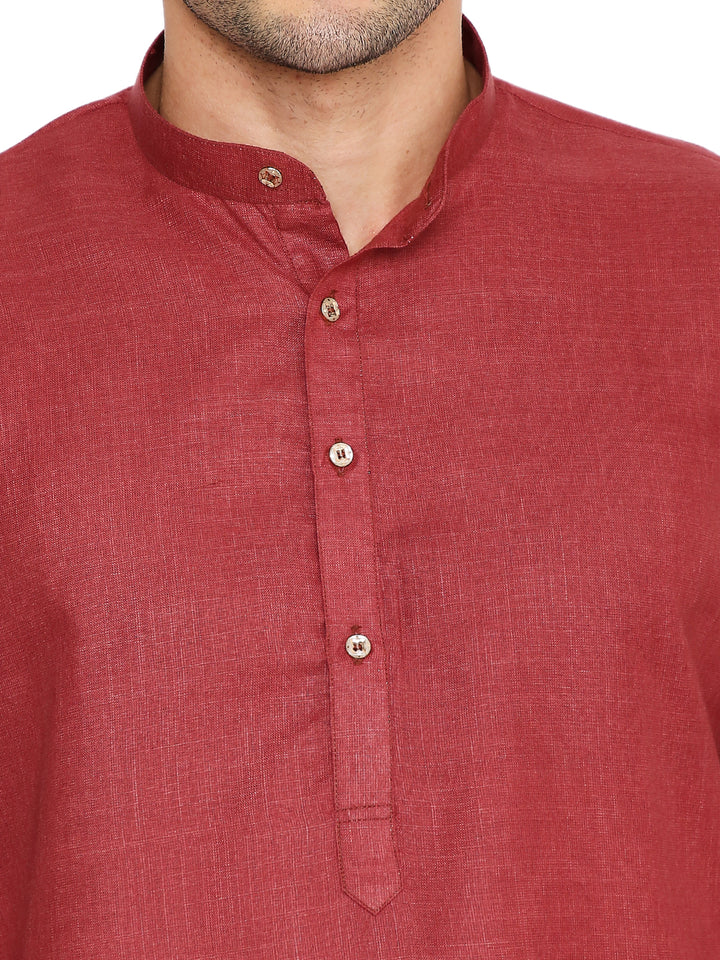 Detailed view of button placket and mandarin collar on Magic Cotton Kurta-Men's Marsala Kurta, emphasizing its elegant traditional design.