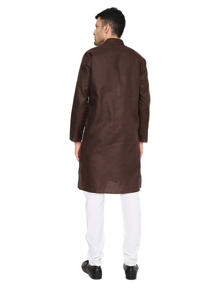 Back view of Magic Cotton Brown Kurta showcasing its straight hem and long sleeves. Designed for comfort and easy movement.