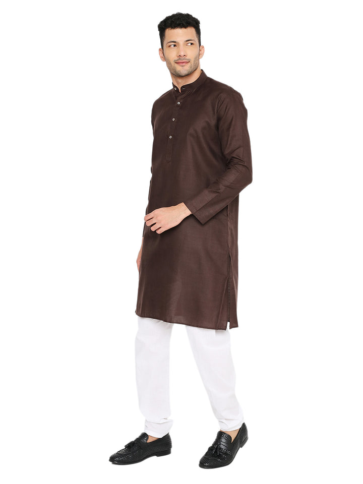 Side angle of Magic Cotton Brown Kurta highlighting its tailored fit and breathable cotton fabric. Great for cultural events and daily wear.
