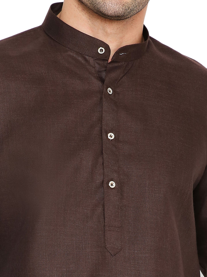 Close-up of Magic Cotton Brown Kurta's mandarin collar and button placket, showing fine stitching and fabric texture.