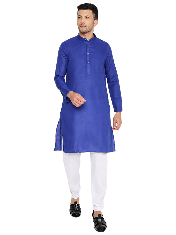 Magic Cotton Kurta in royal blue with mandarin collar and button placket, paired with white churidar for traditional wear.