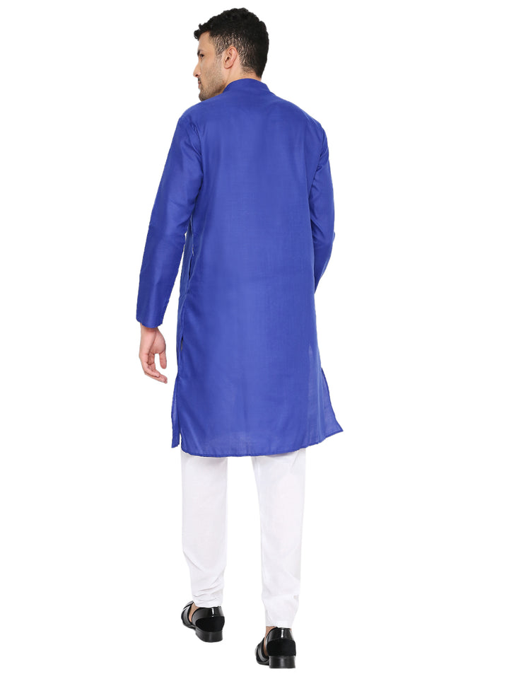 Back view of royal blue Magic Cotton Kurta showcasing its solid design and straight hem, ideal for festive and casual occasions.