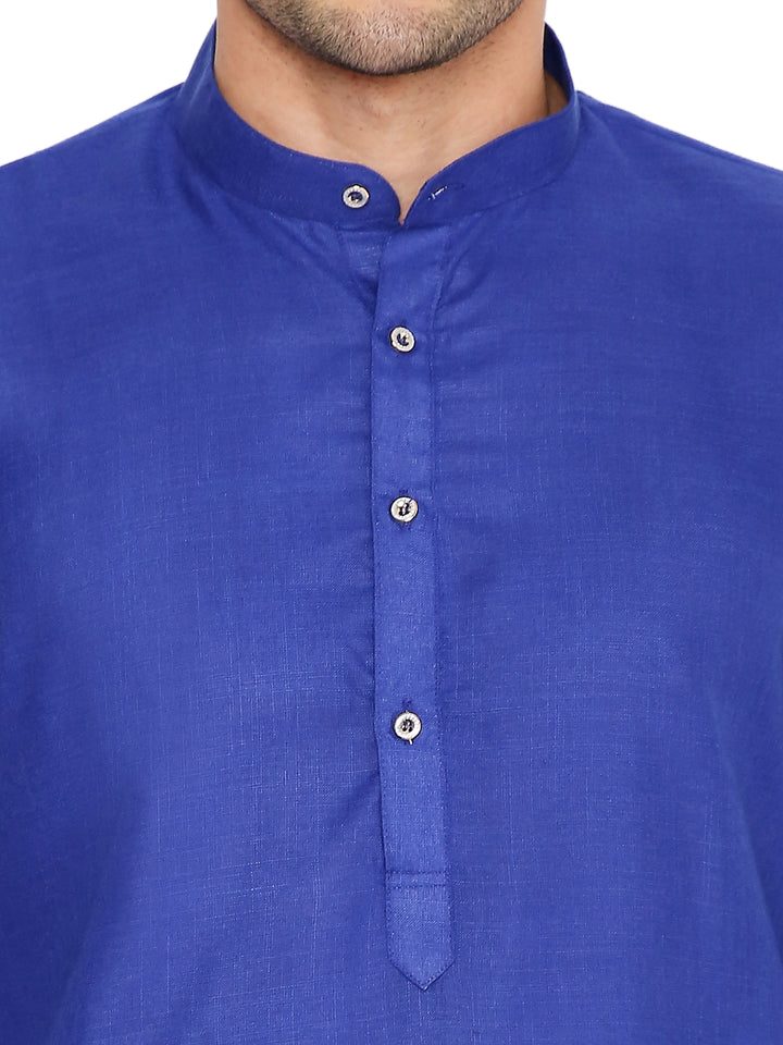 Close-up of Magic Cotton Kurta's button placket and mandarin collar in royal blue, emphasizing fine stitching and fabric texture.