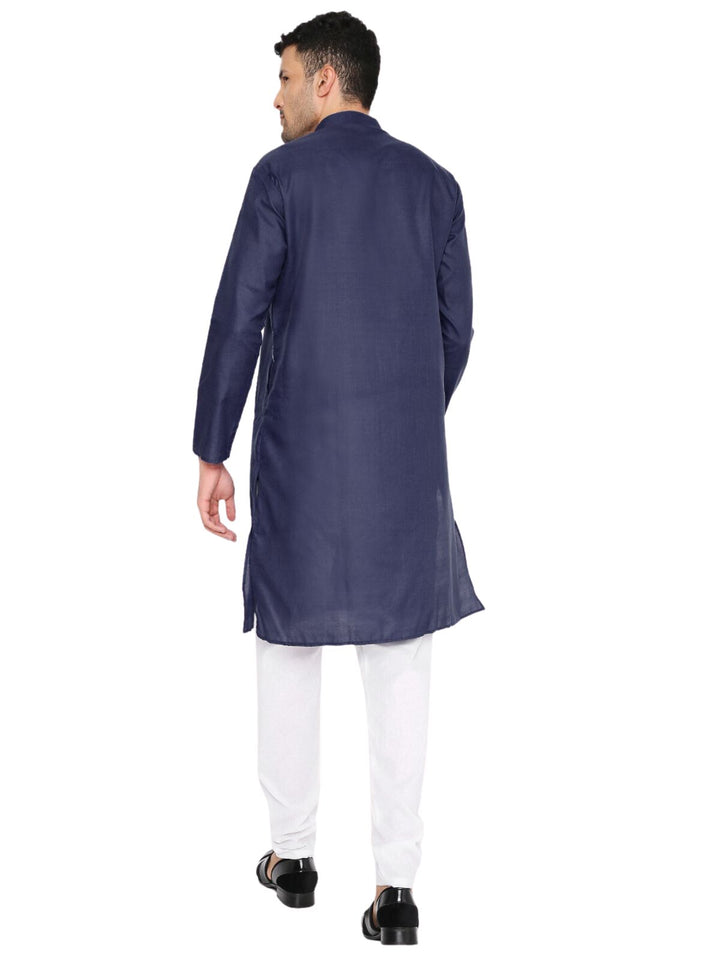 Rear view of dark blue solid kurta showcasing its straight cut and long sleeves. A versatile and affordable traditional outfit.