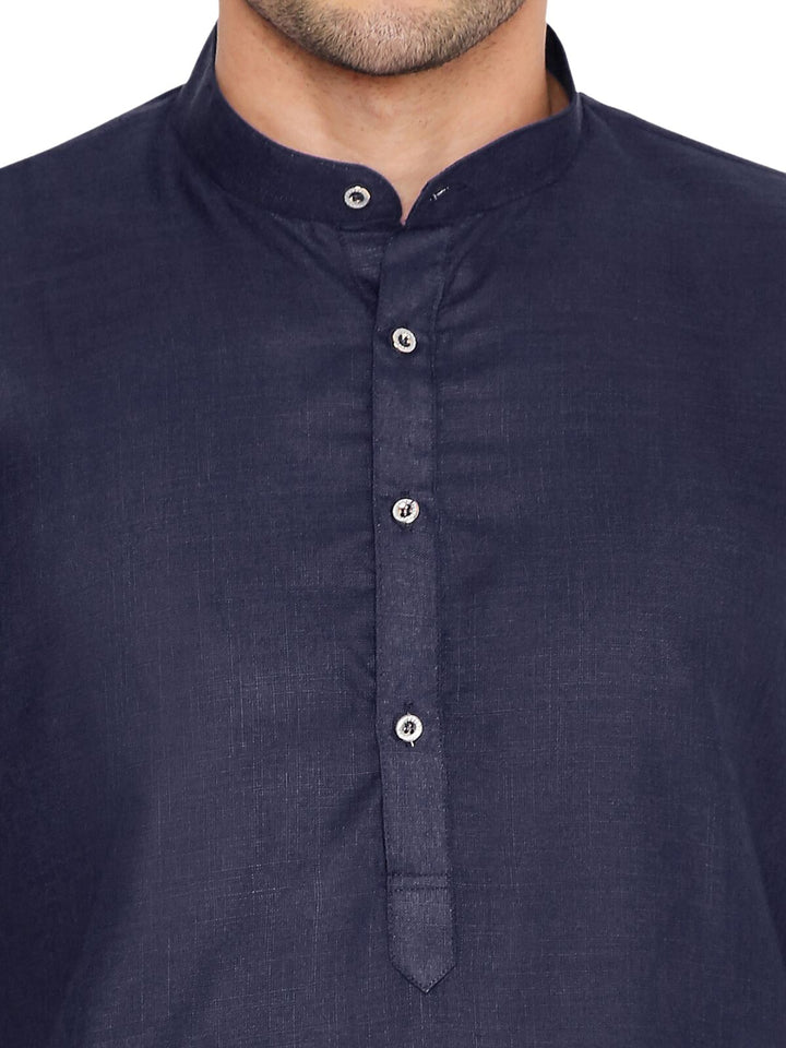 Close-up of dark blue kurta's button placket and mandarin collar, emphasizing its fine stitching and premium cotton fabric.