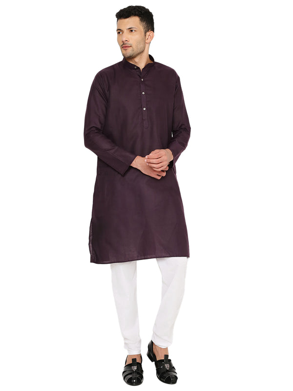 Magic Cotton Kurta in plum color with a straight fit, long sleeves, and mandarin collar, styled with white pajama for traditional wear.