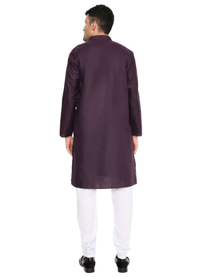 Back view of Magic Cotton Kurta in plum, showcasing its solid color and straight hem, ideal for festive and casual occasions.