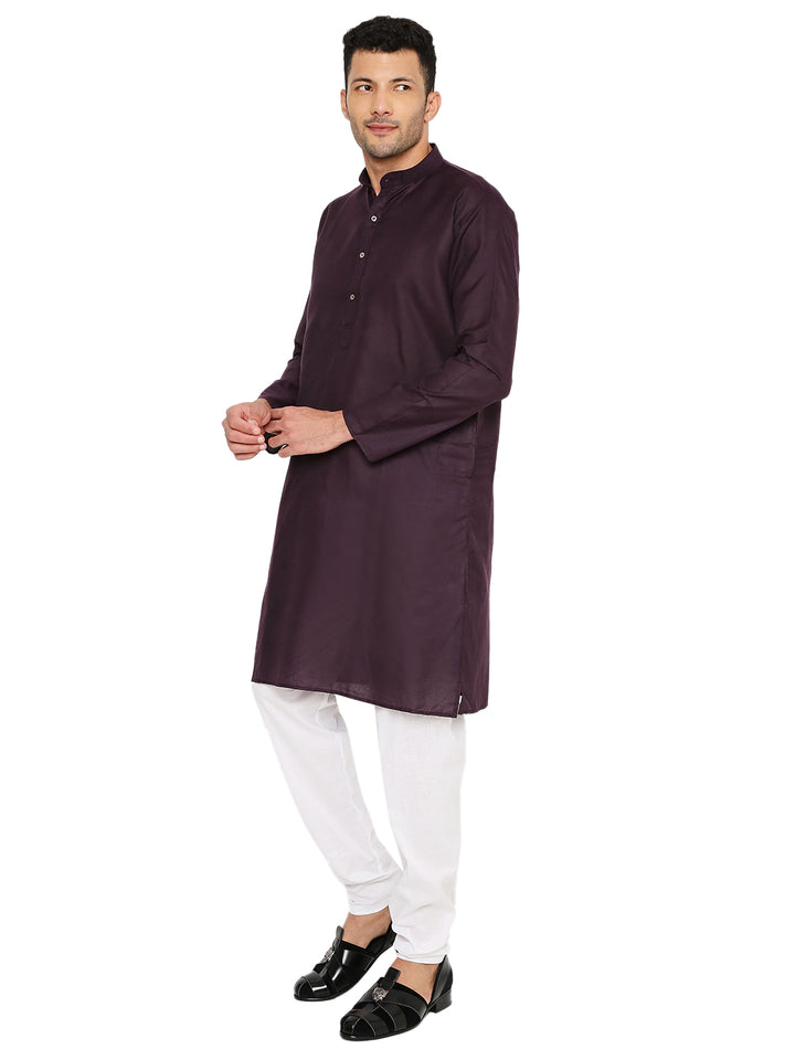 Side angle of plum Magic Cotton Kurta paired with white pajama, highlighting its versatile fit and easy-care fabric.