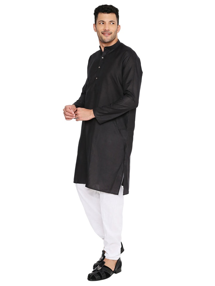 Magic Black Cotton Kurta - Breathable Fit | Versatile Design, side pose emphasizing relaxed fit and side slit for easy movement.