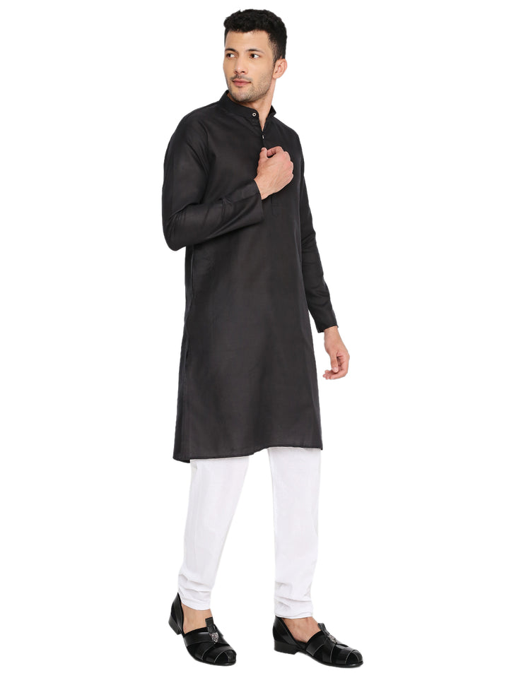Magic Black Cotton Kurta - Breathable Fit | Versatile Design, angled view showcasing mandarin collar and breathable cotton fabric.